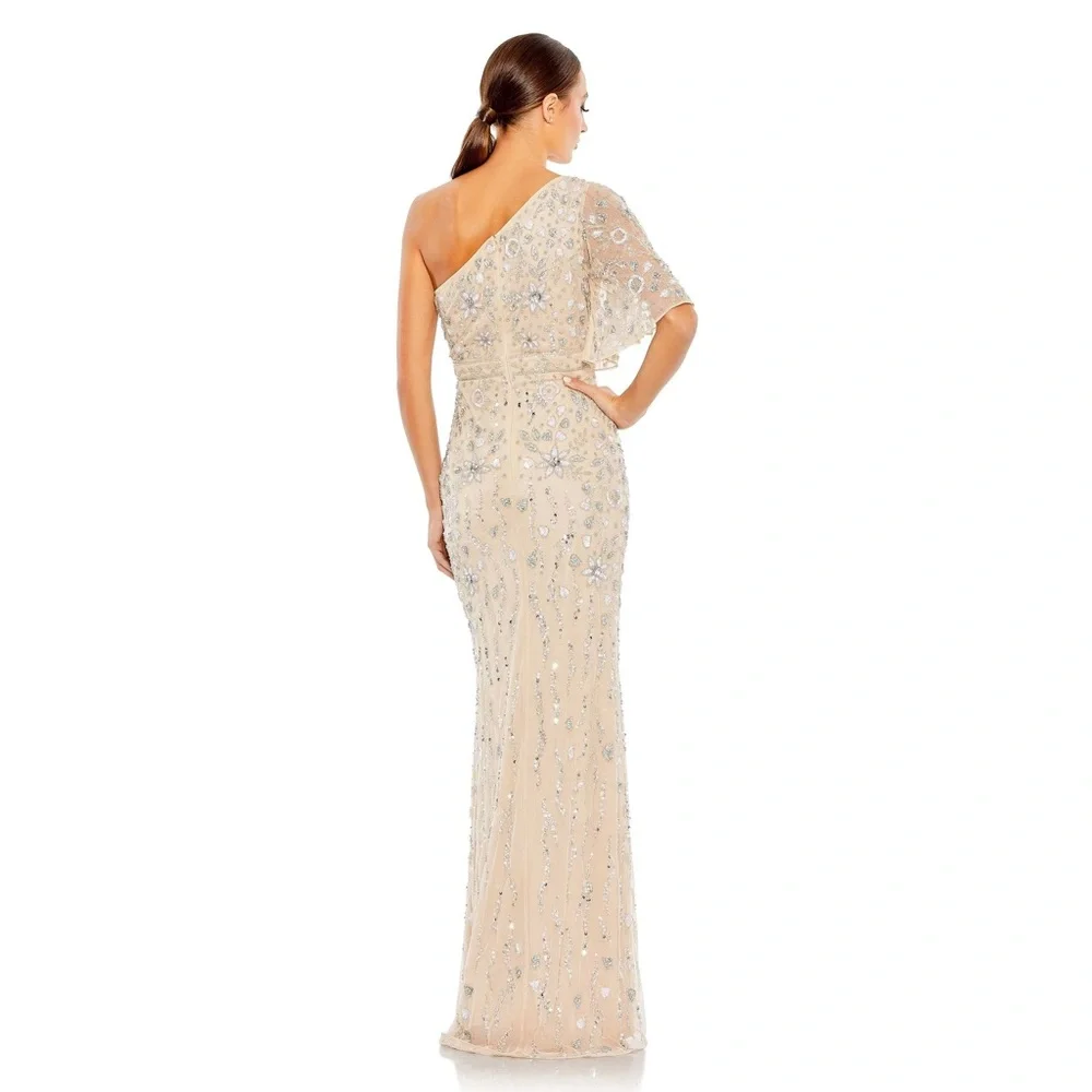 Mac Duggal Embellished One Shoulder Draped Maxi Gown Nude & Silver | Size 8 - Picture 3 of 16